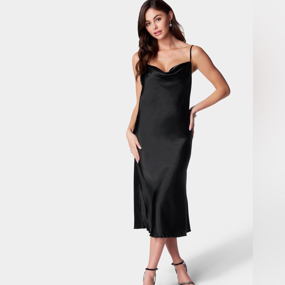 SATIN COWL NECK SLIP MIDI DRESS
